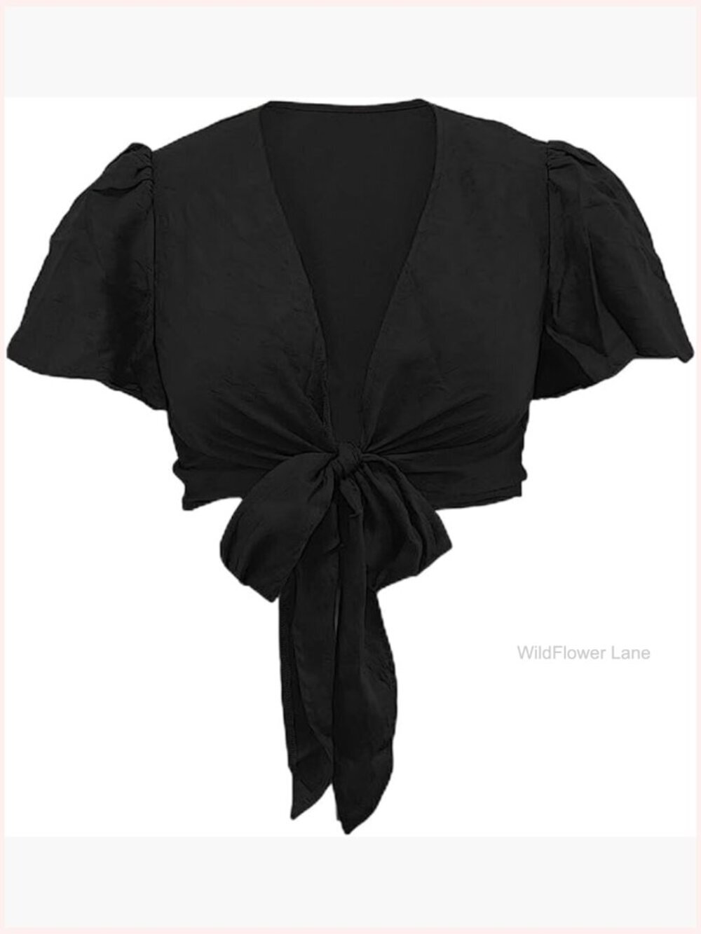 Plus Size Deep V Neck Tie Front Crop Top Lyocell Short Puff Ruffle Sleeves